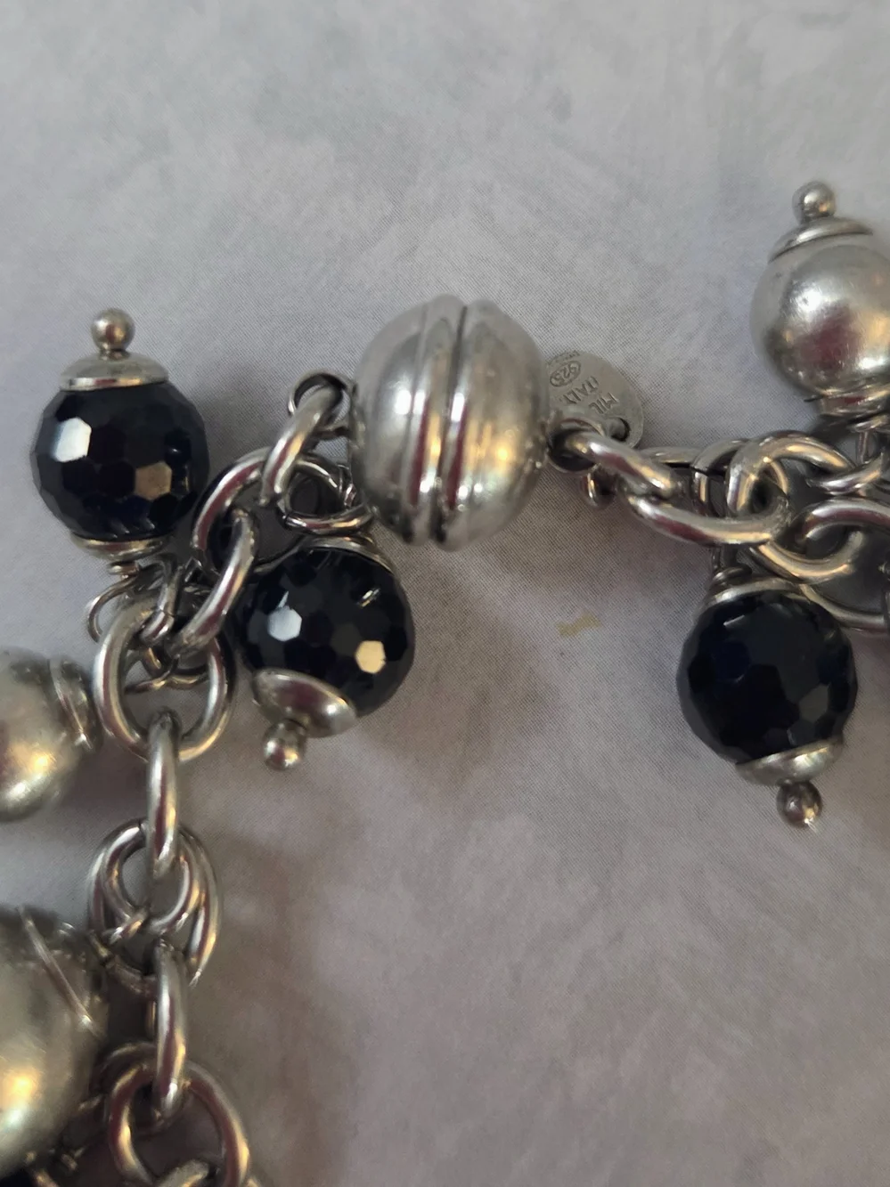 Milor Italy 925 Sterling Silver Black Beaded Charm Bracelet 8